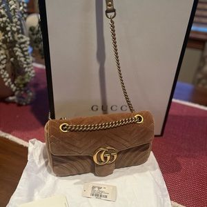Gucci Velvet Matelasse Small GG Marmont Shoulder Bag Taupe